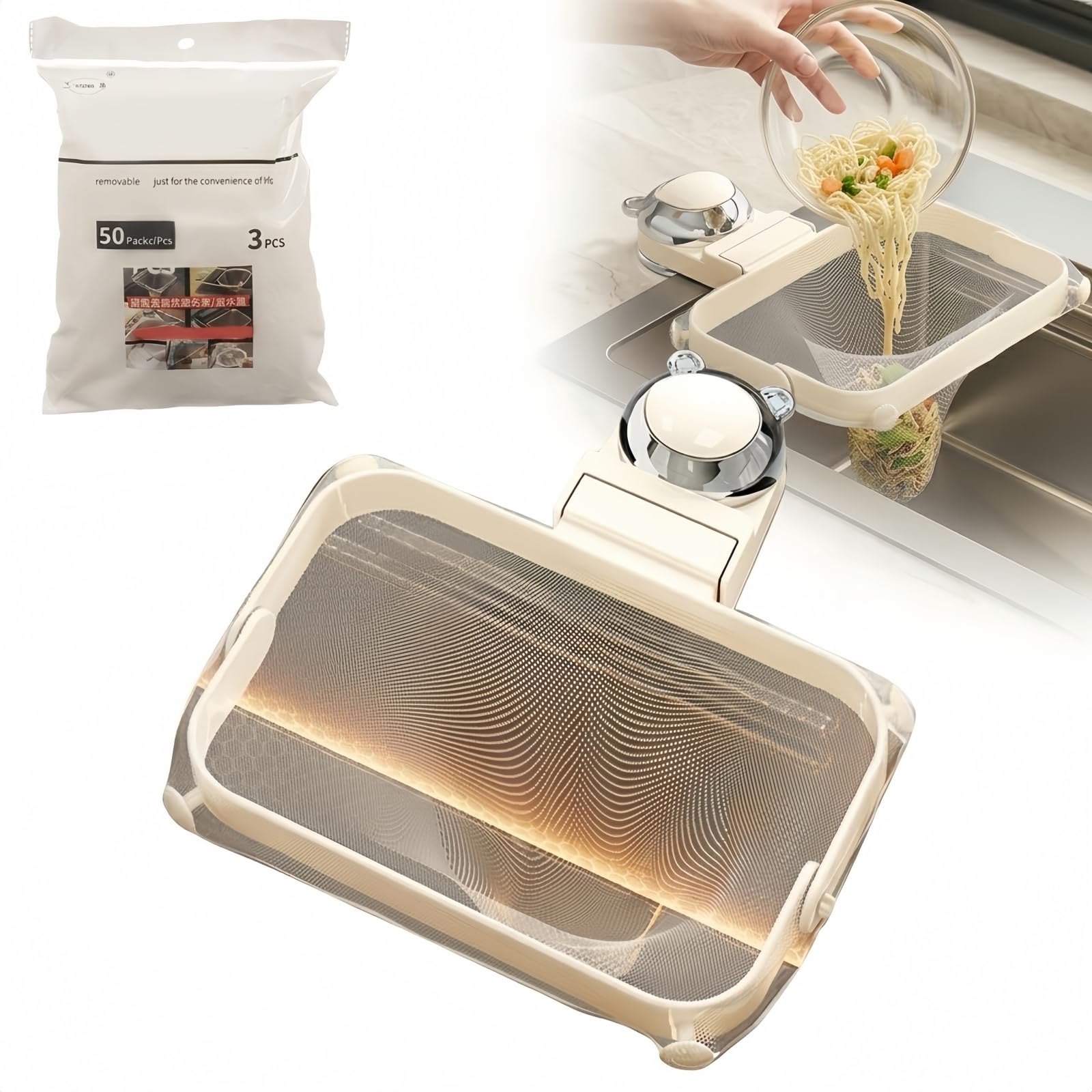 Kitchen Sink Strainer Set with Suction Cup Holder and 50 Mesh Bags, Food Catcher Drain Filter for Leftovers, Garbage, and Food Scraps (White)