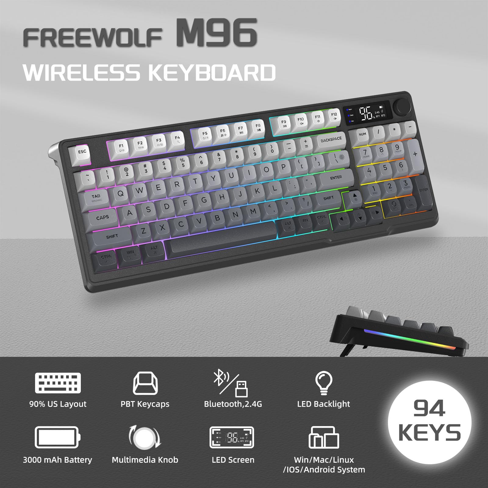 FREEWOLF M96 bezprzewodowa klawiatura membranowa do gier, sterowanie przyciskami Bluetooth/2,4 G bezprzewodowe, mechaniczne odczucia, podświetlenie LED, wyświetlacz, nasadka na klawisz PBT, 3000 mAh