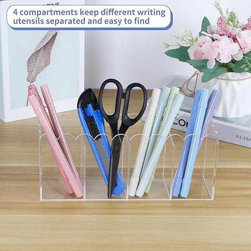 Miniatura 3 de MOLIGOU Portalápices acrílico, 4 compartimentos, organizador de bolígrafos transparente, soporte para lápices de escritorio con bordes festoneados