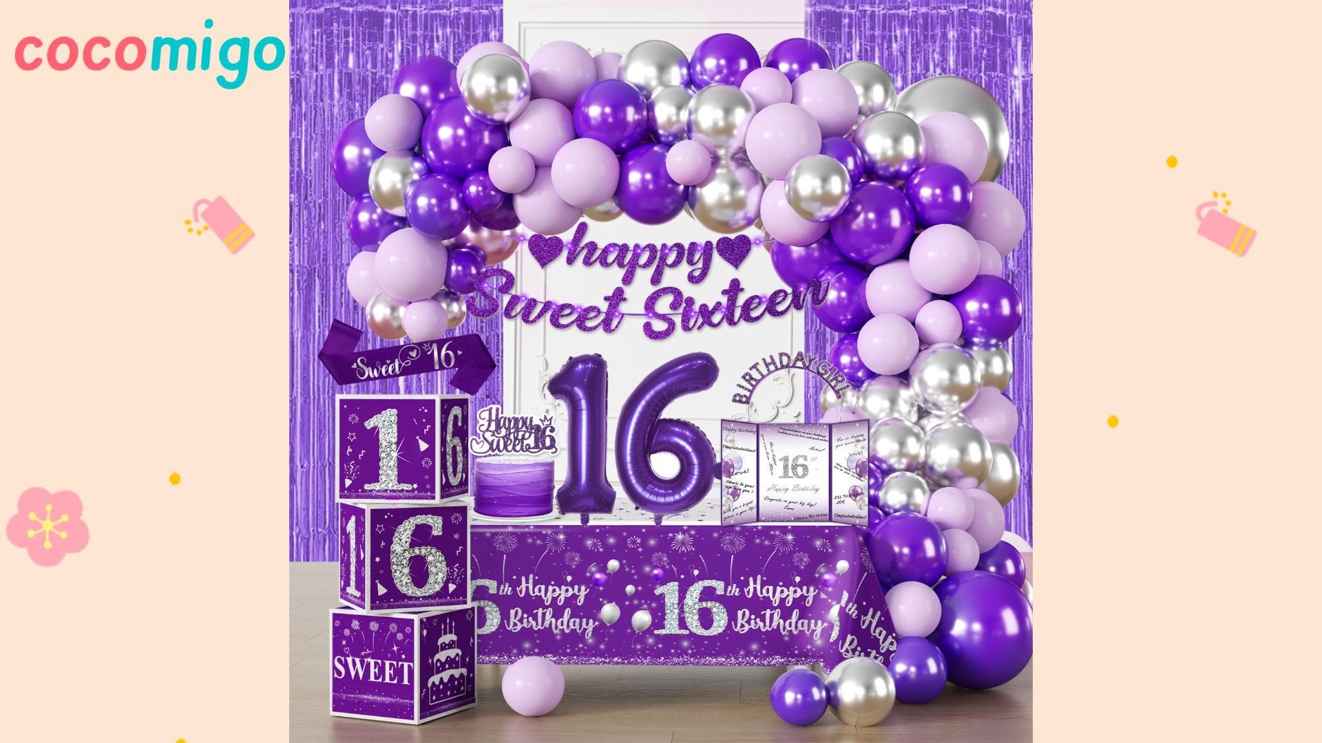 Halodete Happy Sweet 16 Banner – Girlande Für Mädchengeburtstag, Lila Glitzer, 2,2 M Lang, 40,6 Cm Hoch