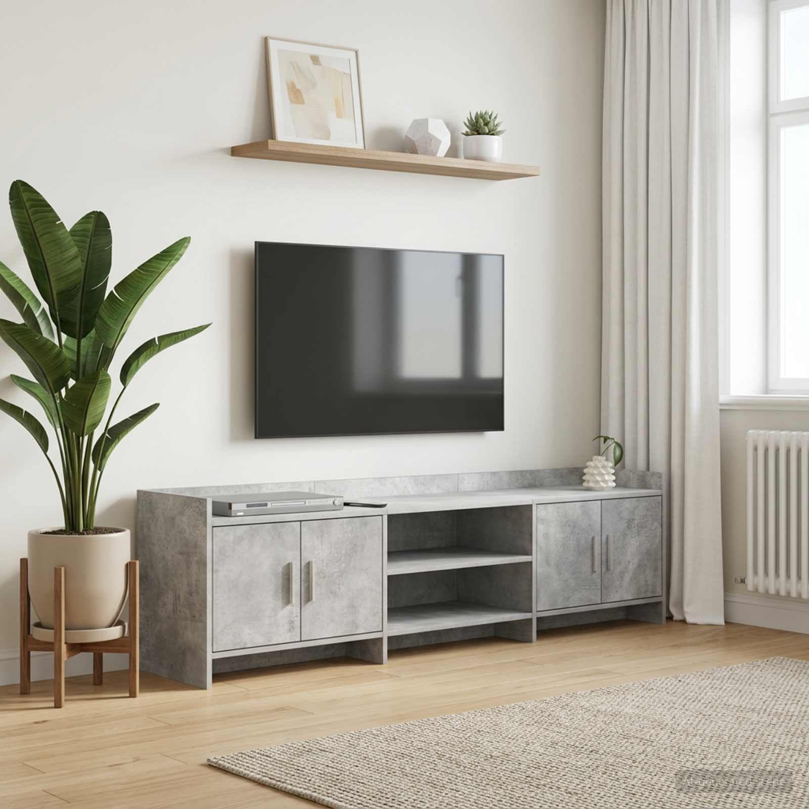 Szafka pod telewizor 168 x 33 x 47 cm, szara betonowa z materiału drewnopochodnego, niska szafka z 4 drzwiami, 2 półki, miejsce do przechowywania do salonu, sypialni, do gier i kina