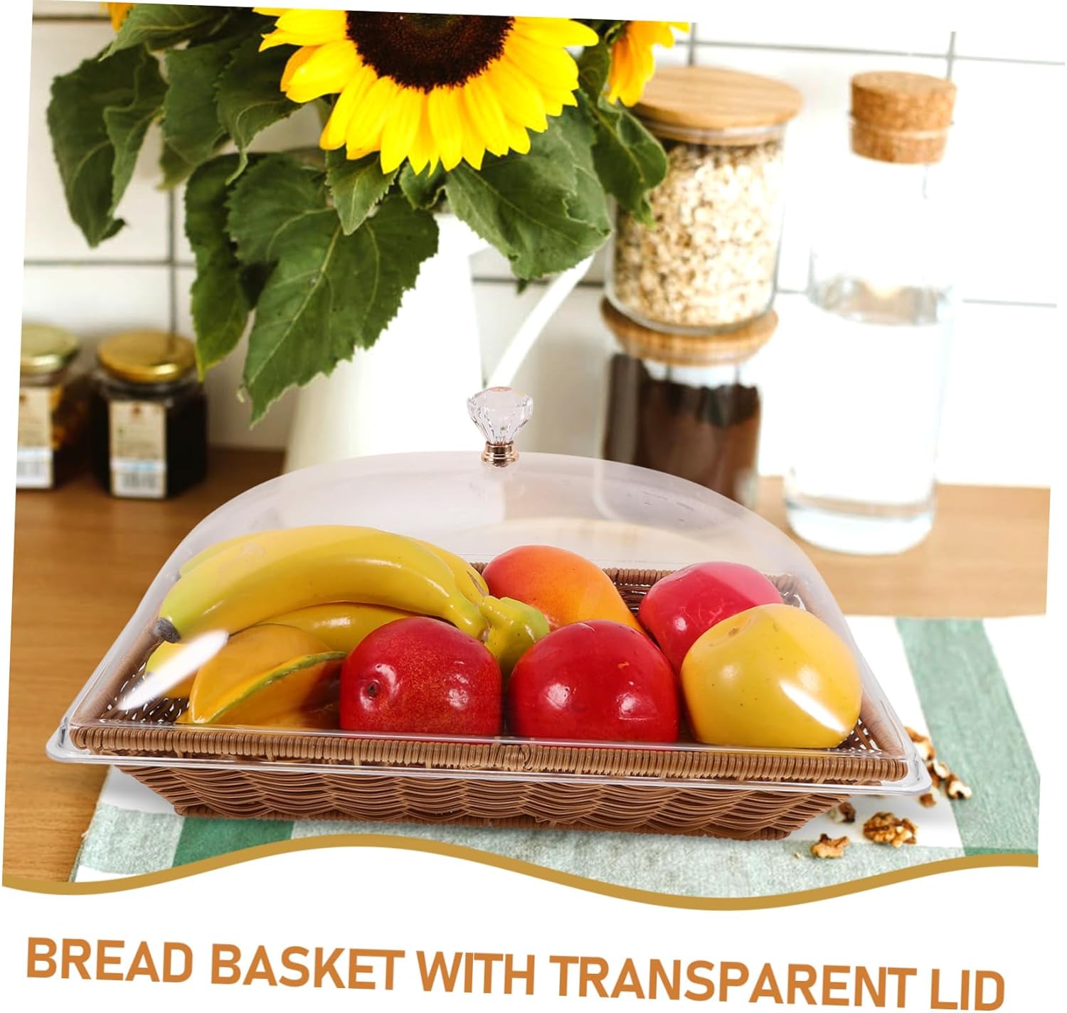 Woven Bread Basket with Lid Medium Food Storage Container for Fruits and Vegetables Stylish Serving Tray for Home Parties and Picnics