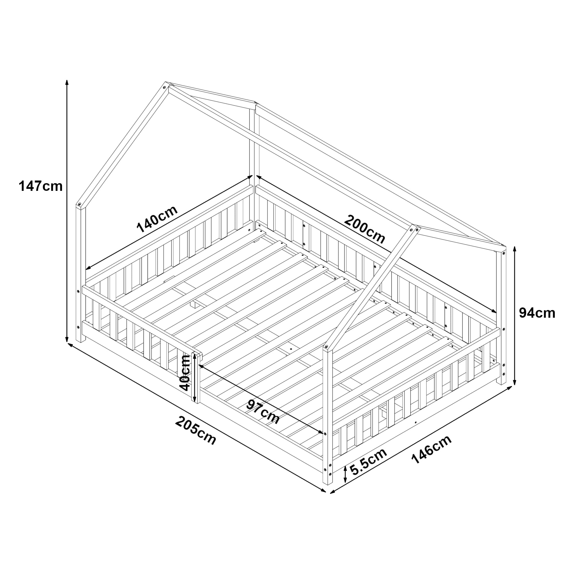 [en.casa] Lit Cabane Lit Enfant en Forme de Maison avec Sommier à Lattes avec Grille de Protection Confortable Capacité de Charge 150 kg Bois de Pin Contreplaqué 140 x 200 cm Naturel