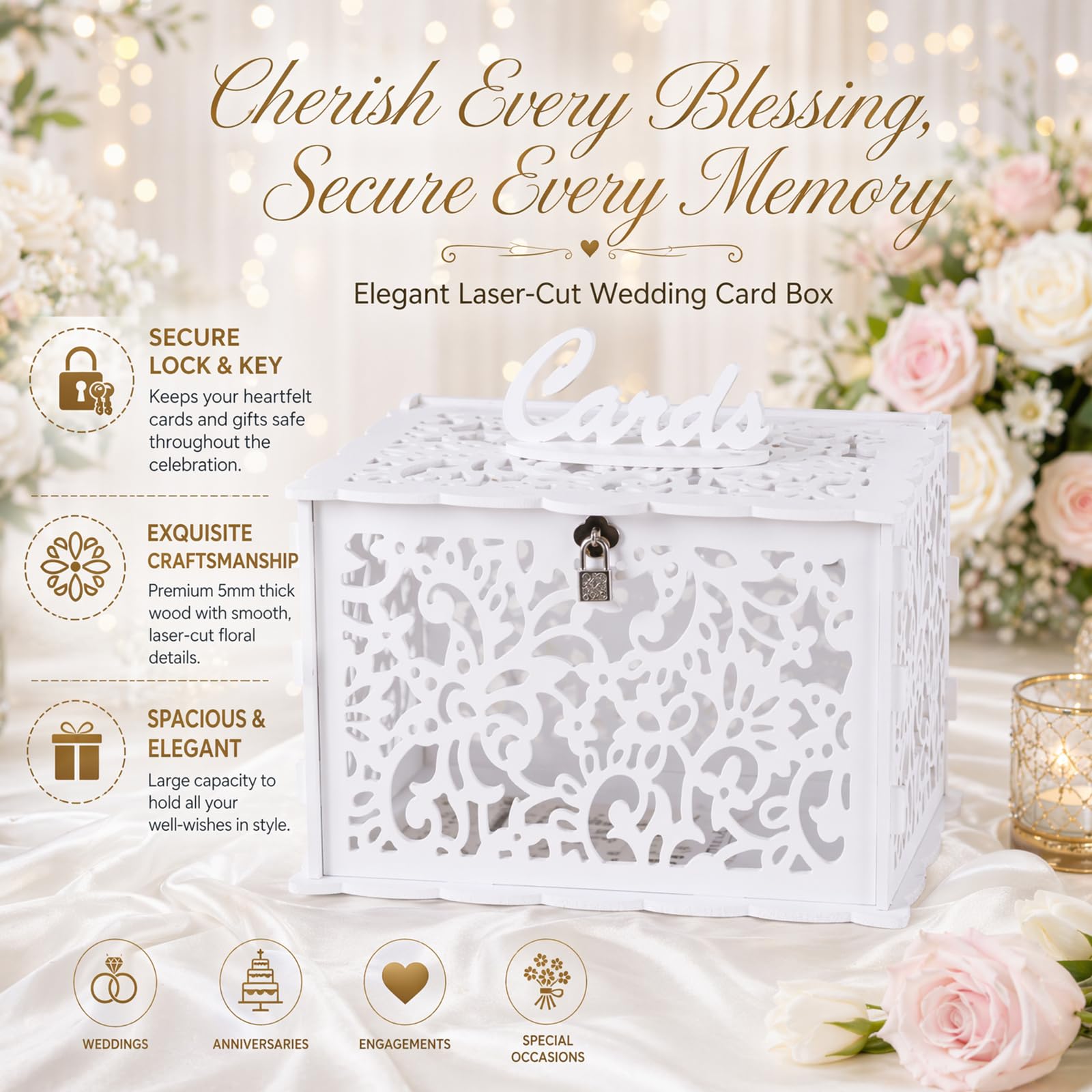 FARYODI Scatola per biglietti di nozze con fessura in PVC, grande scatola per regali di denaro e carte, elegante scatola regalo con lucchetto per feste, laurea, compleanno, ringraziamento