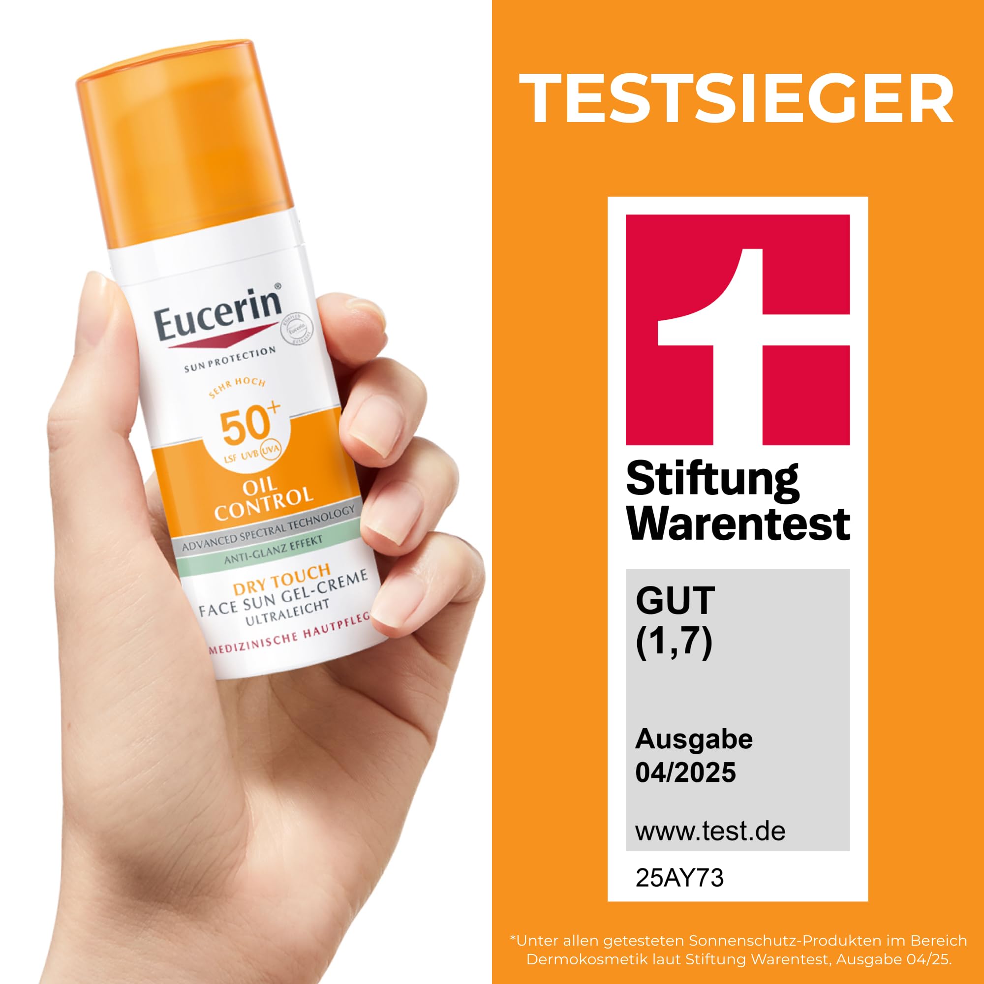 Eucerin Oil Control Sun Face Gel-Cream LSF 50+ 50 ml, unparfümierte Sonnencreme mit Dry Touch für empfindliche, fettige und zu Akne neigende Haut, schnell einziehender Sonnenschutz mit UV-Filter