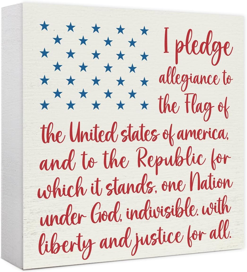 Pledge of Allegiance Box Sign 7x7 Inch Patriotic Wood Decor