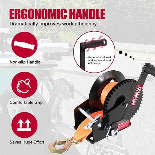 Miniatura 4 de Freno de cabrestante de remolque de barco resistente, 1600 libras con correa de 23.0 ft (23 pies) con manivela de mano con trinquete negro