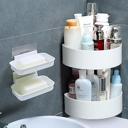 wolpin Plastic Wall Shelves (2 Pc With 2 Soap Cases) Round Corner Kitchen Bathroom Shelf Self-Adhesive Sticker Hooks Multipurpose Wall Holder Bathroom Storage Rack Box Strong Shower Rack Shelf-White