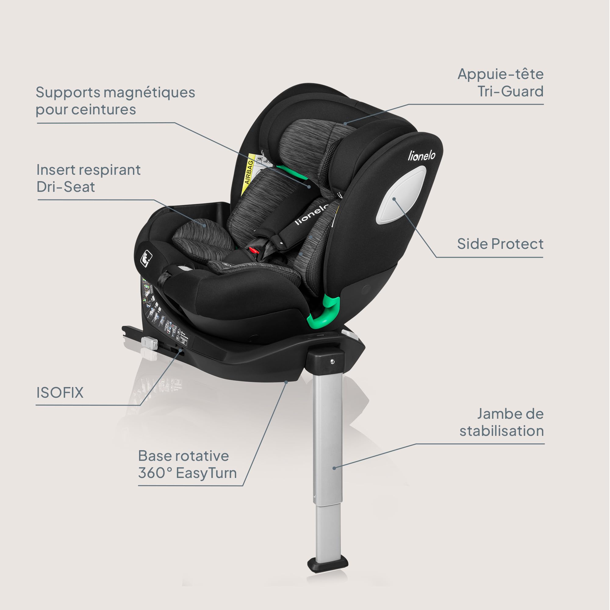LIONELO Braam siege auto de 0 à 36 kg, jambe de force et Isofix ou ceintures de sécurité de voiture, rotation à 360 degrés face à la route ou dos à la route (Carbone Noir, BRAAM)