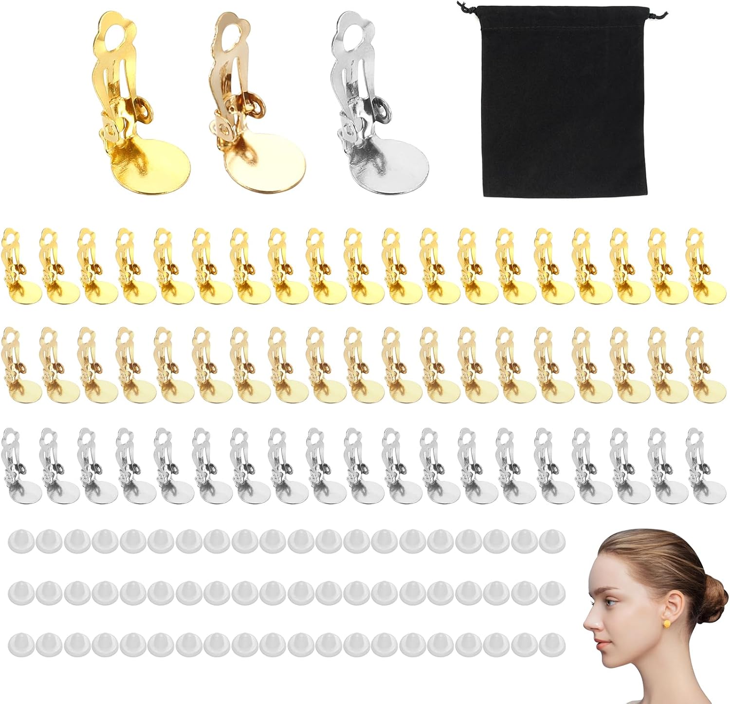 60Pcs Clip On Earring Backs Set for Jewelry Making Non-Pierced Ear Clips with Flat Back Pads Stud Converters for DIY Earrings Earings Converter Set to Create Custom Jewelry(3 Colors)