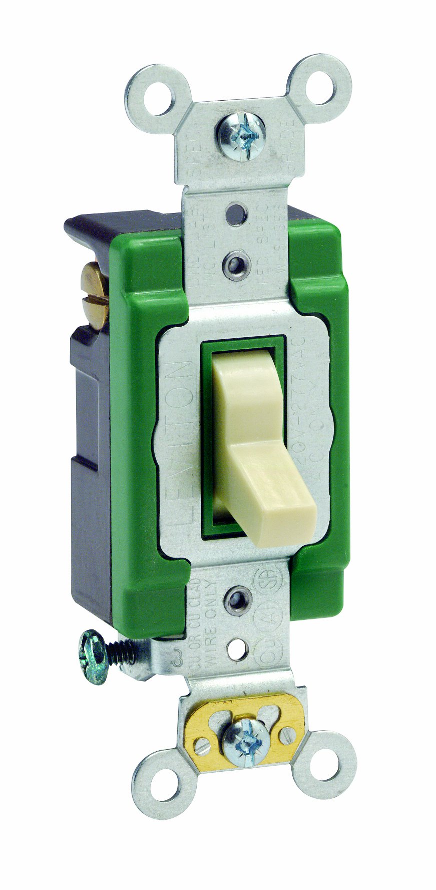 Leviton 3033-2I 30 Amp, 120/277 Volt, Toggle 3-Way AC Quiet Switch, Extra Heavy Duty Spec Grade, Self Grounding