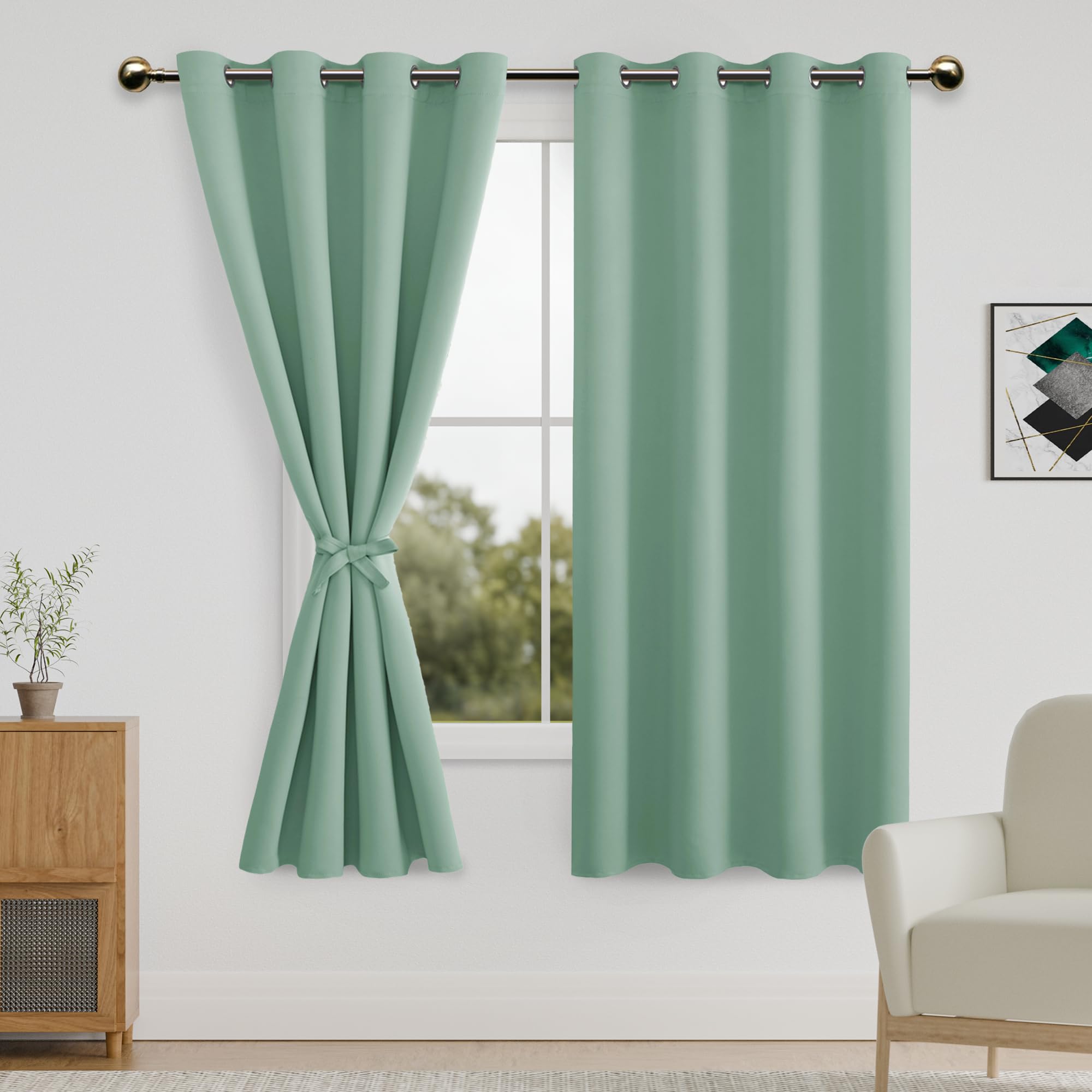 DWCN Blackout Curtains for Bedroom with Tiebacks - Room Darkening Privacy Grommet Top Window Curtains for Living Room, 52 x 63 inch Length,Sage Green,Set of 2 Panels — image 1