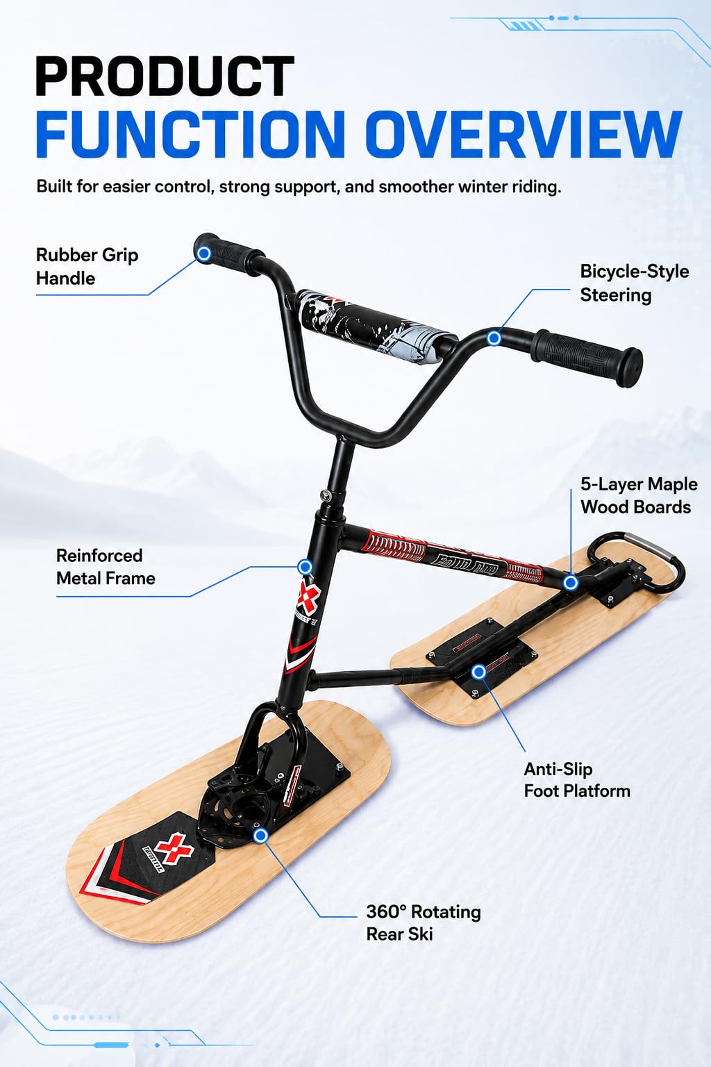 Nuovo Modello Di Snow Scooter/Slitta Con Sci, Manubrio Antiscivolo E Sci Per Tutti I Terreni, Facile Usare, Sicuro, Con Sterzo A 360°, Ideale Per Stazioni Sciistiche E Piste Sci Naturalwoodcolor