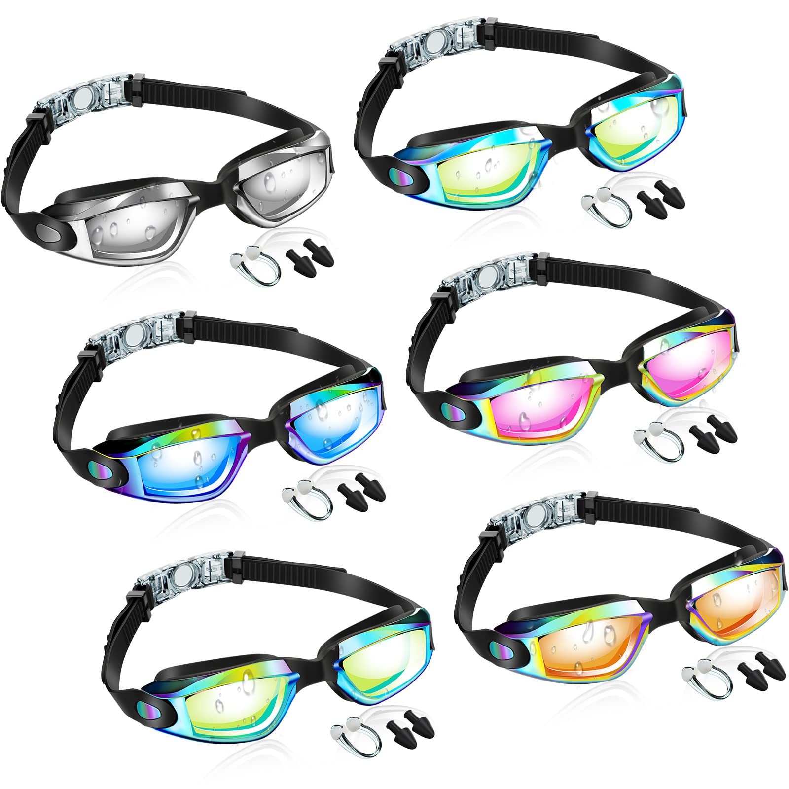 Flutesan 6 Pack Swimming Goggles Adult Kids Anti Fog Pool Goggles with Ear Plugs Nose Clip No Leaking Full Protection