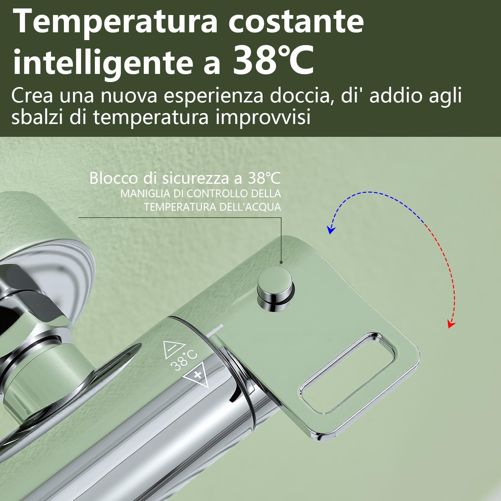 Sistema doccia termostatico in acciaio inox, soffione quadrato 12" (30 cm), doccetta manuale un getto. Set rubinetteria regolabile in altezza, anti-ustione, risparmio idrico