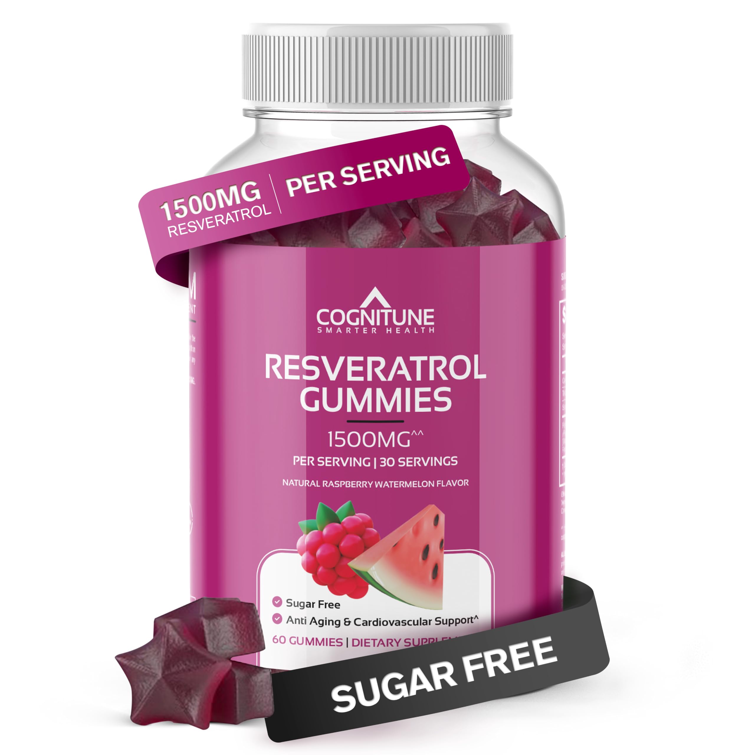CogniTune Resveratrol Gummies 1500mg - Sugar Free Longevity Gummies for Women & Men - Antioxidant Supplement for Heart Brain Immune Support