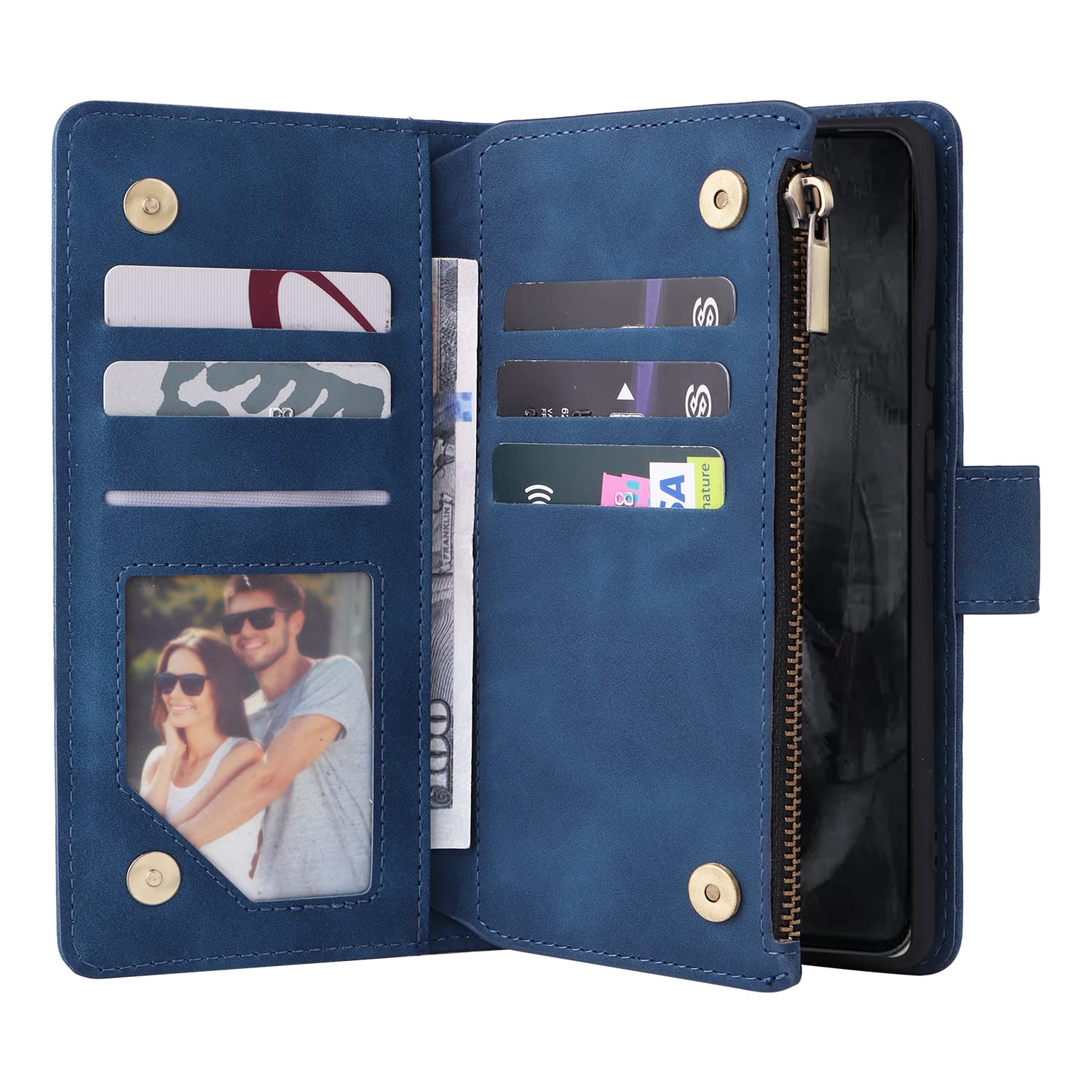 Unichthy For Google Pixel 8 Pro Zipper Case 6 Card Slots with Strap Shockproof Leather Flip Wallet Handbag Zip Pocket Phone Cover Stand Folio Magnetic Purse for Google Pixel 8 Pro Blue - Image 4