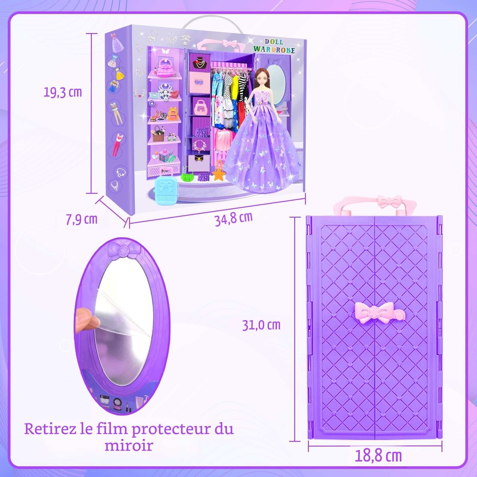 65Pcs Vêtements et Accessoires avec Armoire pour Poupée 11.5 Pouces - Ensemble de Poupee Fille de Mode Comprenant 1 Poupée, Robe de Hauts et Pantalons Habits Cintres Sacs pour Filles