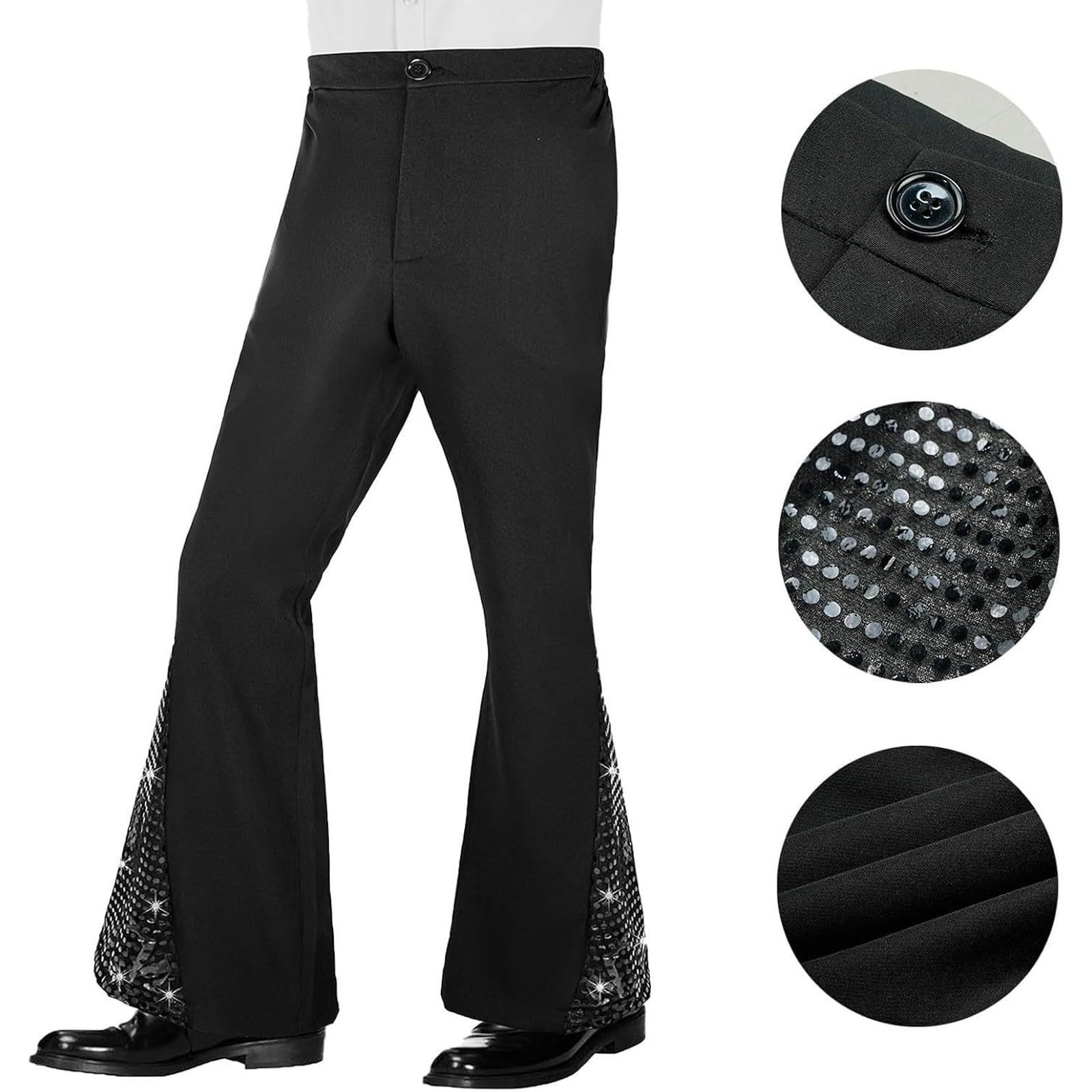 80Er Jahre Outfit Herren Retro Kostüm 6 Stück Disco Set, Hippie 70Er Silvester Hemd Und Schlaghose Mit Perücke Sonnenbrille Schnurrbart