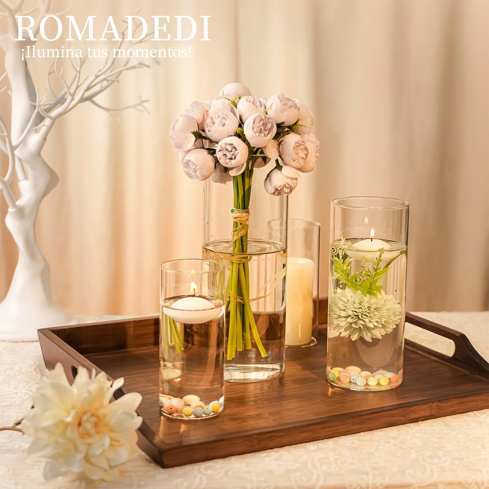 Romadedi Portavelas de cristal para mesa, juego de 6 cilindros de cristal transparente, 15/20/25 cm | Tarros para velas flotantes, para boda, comedor, fiesta, sala de estar, exterior
