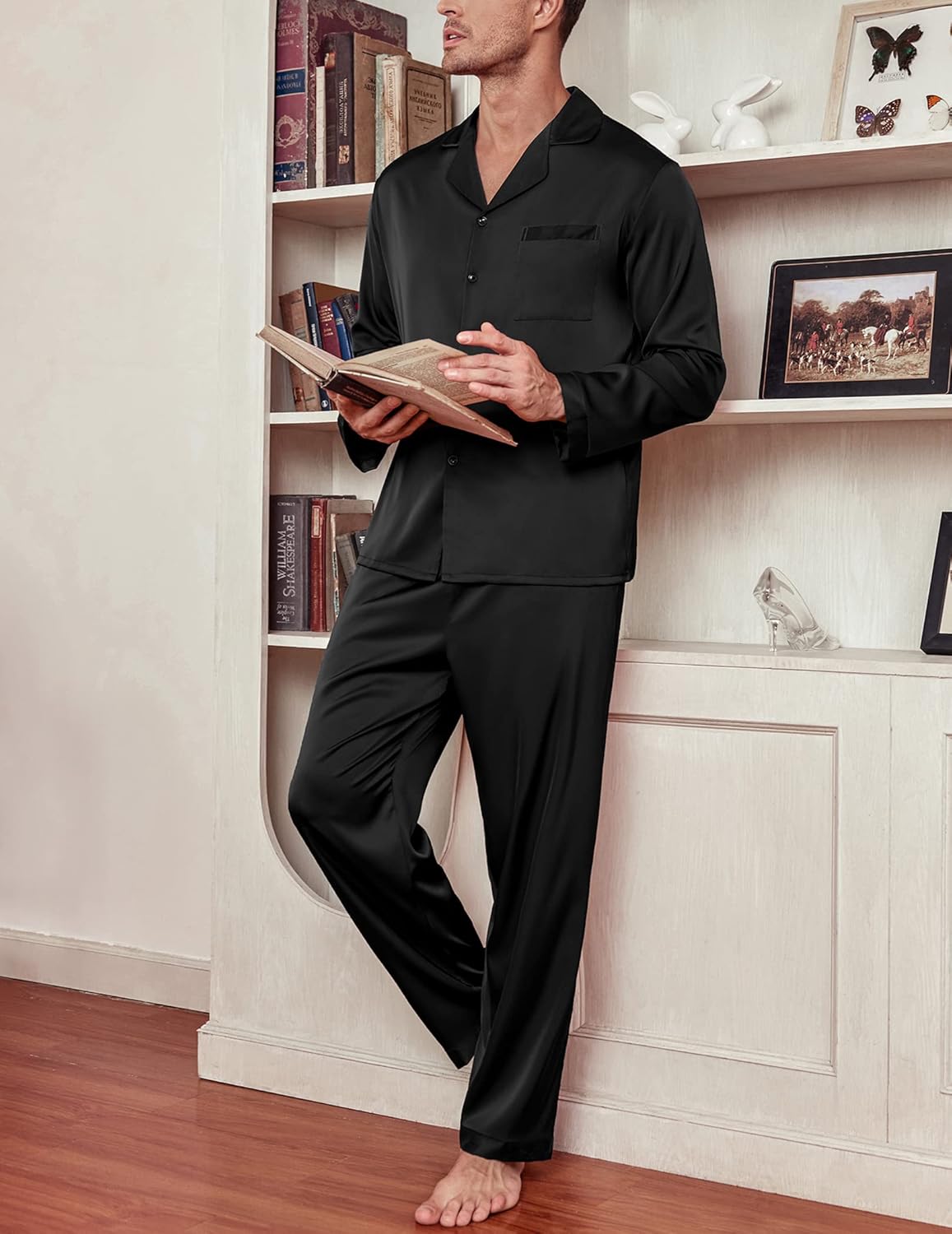 Ekouaer Men's Silk Pajama Set Long Satin Loungewear 2 Piece Pjs Classic Button Down Sleepwear S-XXL - Image 4