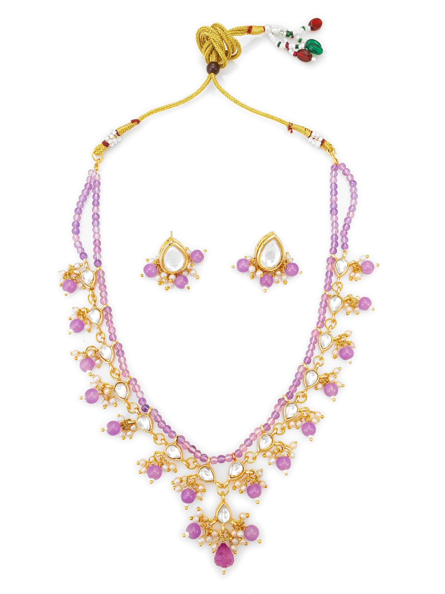 Traditional Gold Plated Pink Beads Studded Long Necklace Drop Earrings Set Ethnic Stylish Fashion Jewellery Gift for Girls Women-NK4711