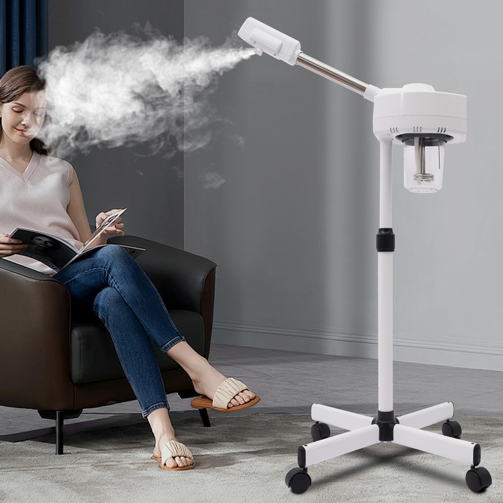 Gesichtsdampfer 800W 360 Grad Drehbar 2 In 1 Ozon Bedampfer Verdampfer mit Einziehbaren Stab Gesichtssauna Weiß