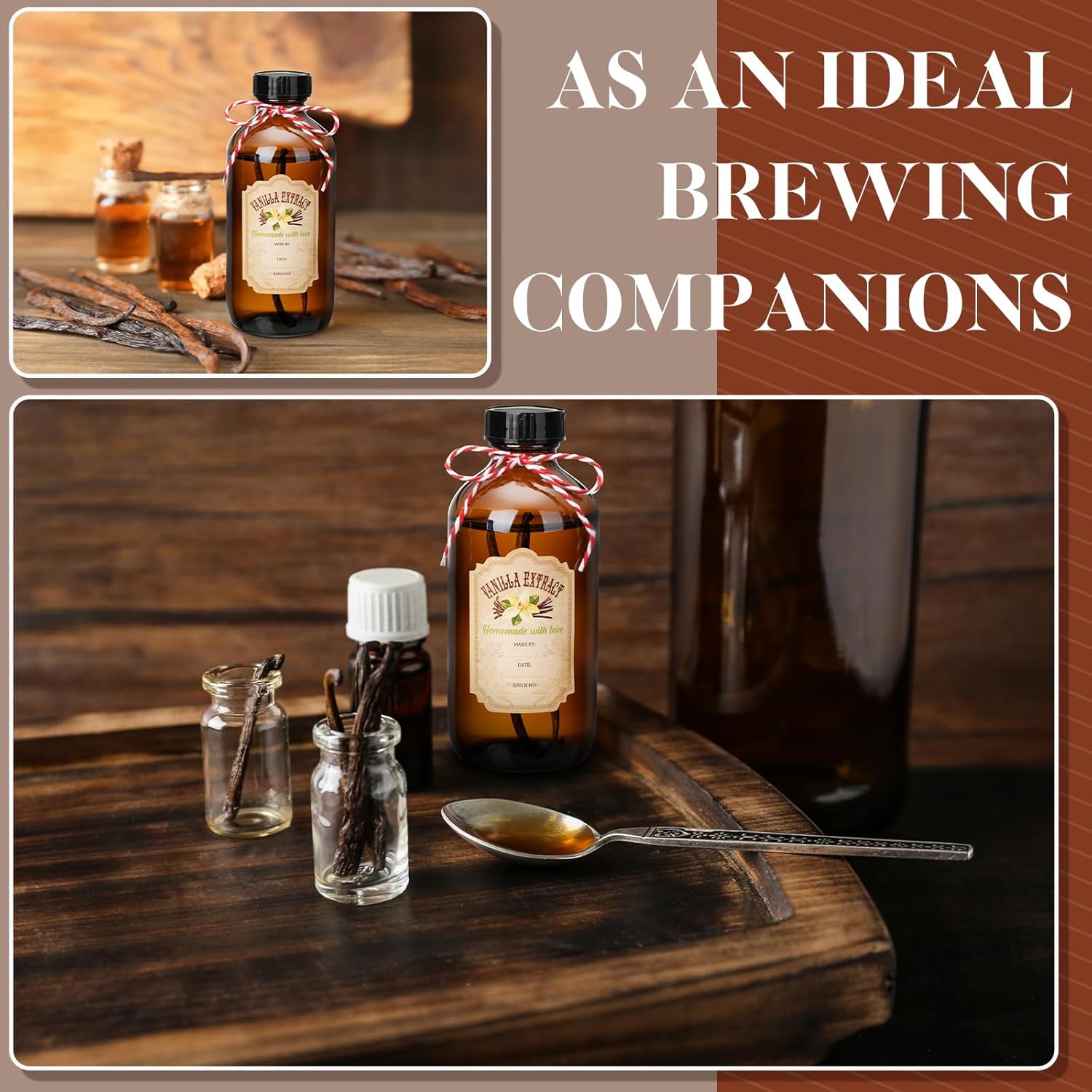 Uiifan 12 Pack Amber Glass Bottle Boston Round Bottles with Caps Refillable Vanilla Extract Jars Gift for Homemade Vanilla Extract Making, Brewing, Kombucha, Oil & Long-term Liquid Storage(8 oz)