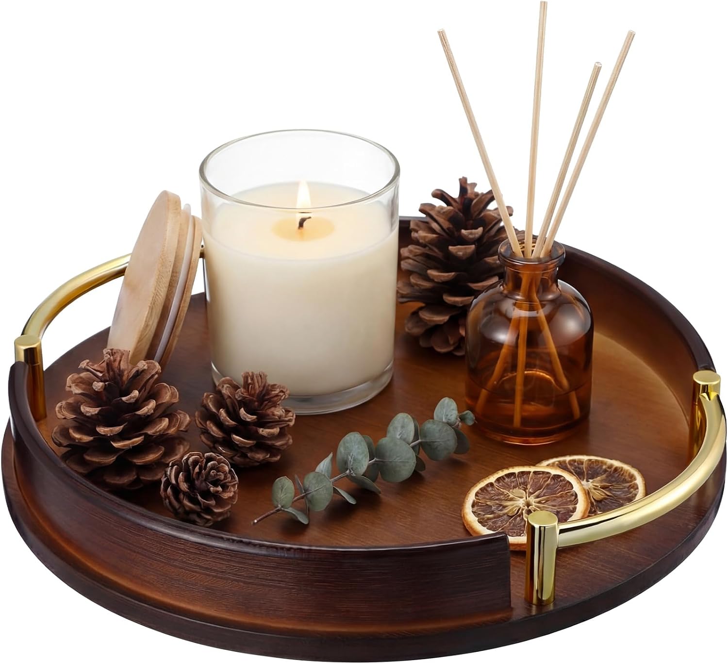 11.6 Inch Round Decorative Tray Wood with Handles Coffee Serving Tray Jewelry Bamboo Trinket Trays for Kitchen Multipurpose Kitchen Organizing Home Decor(Brown)