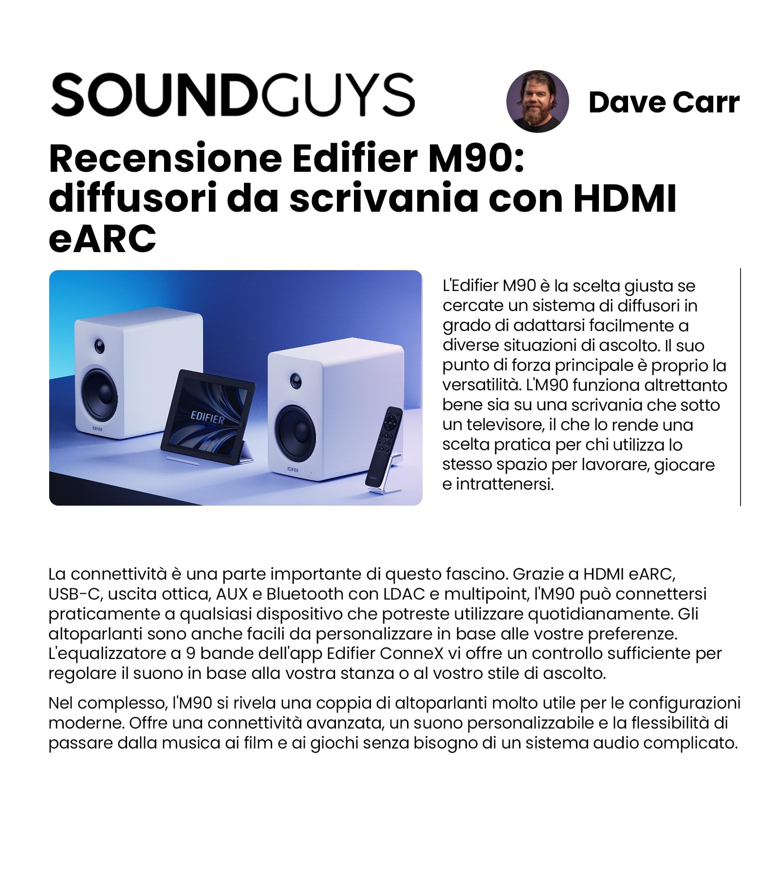 Edifier M90 Diffusori da Scaffale, Scrivania 100 W RMS, Audio Alta Risoluzione, LDAC, Bluetooth 6.0, Ingressi HDMI eARC/ottico/USB-C/AUX con Uscita SUB OUT, Telecomando per TV/PC, Bianco