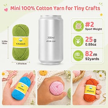 Katech Mini 1OO% Cotton Yarn for Crocheting-20*25g/89yd, 2 Sport Baby Yarns