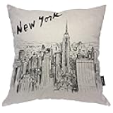 Beabes New York Decor Throw Pillow Covers Cotton Linen, Hand Drawn Urban Building New York Landscape Standard Cushion Cover Soft Pillowcases Covers for Home Sofa Armchair Bedroom 18x18 Inch