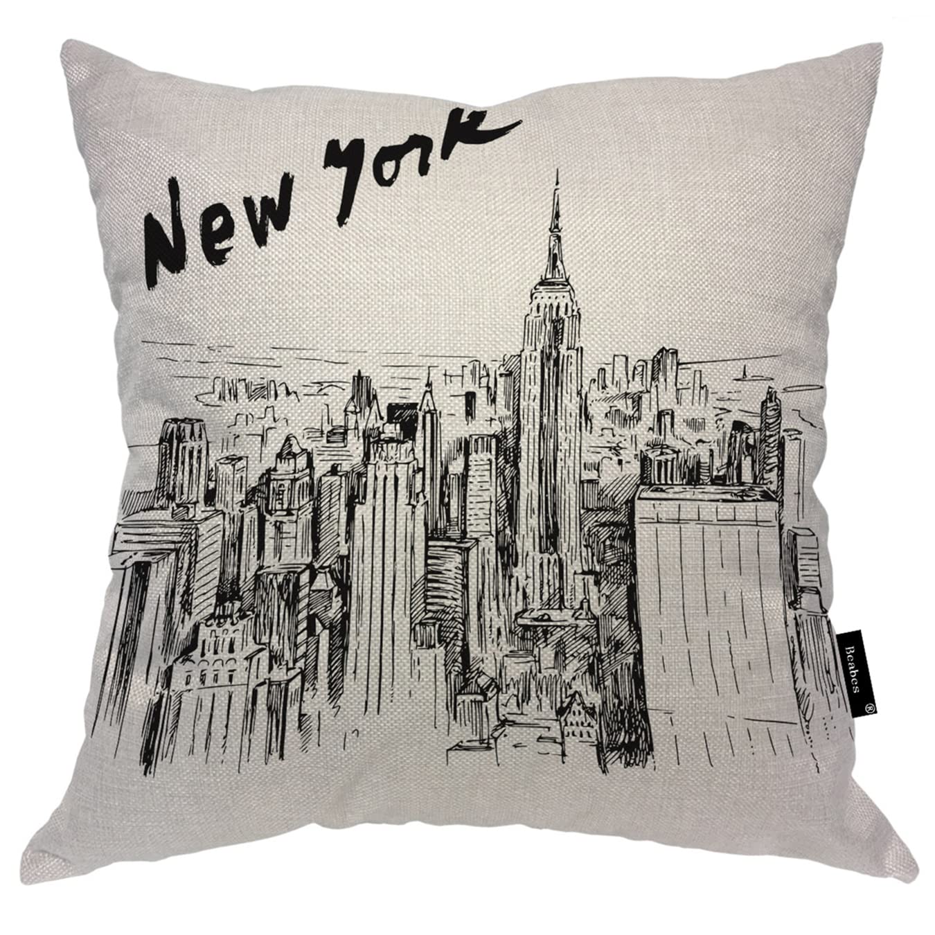 New York Decor Throw Pillow Covers Cotton Linen, Hand Drawn Urban Building New York Landscape Standard Cushion Cover Soft Pillowcases Covers for Home Sofa Armchair Bedroom 18x18 Inch