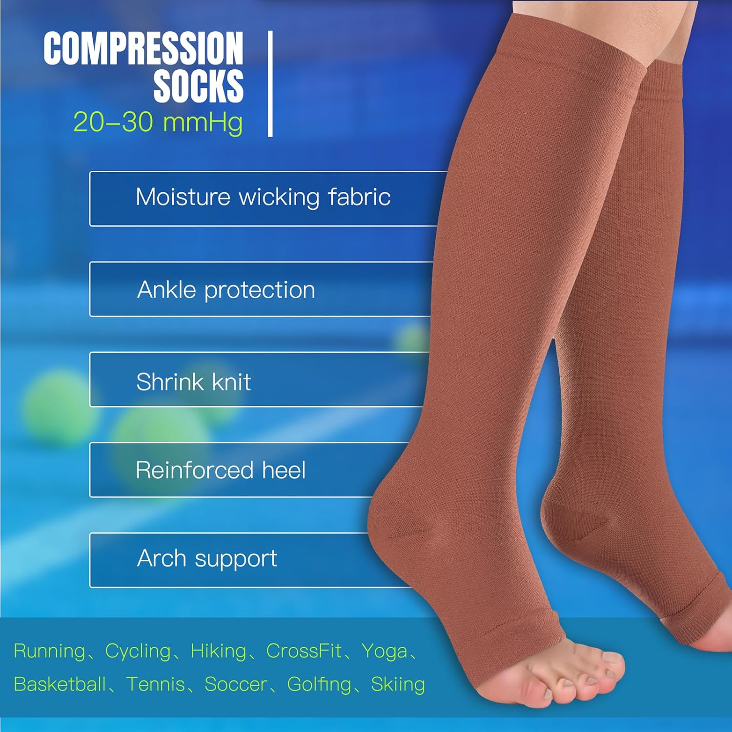Open Toe Compression Socks Women & Men-3 Pairs 20-30 mmHg Knee High Stockings for Circulation Support - Image 7