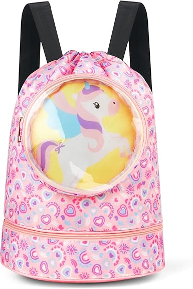 Alaoo Bolsa de Natación Niño, Deporte con Cordón, Bolsa Piscina Separación en Seco-Húmedo con Compartimento para Zapatos, Adecuado para niños y niñas, Playa, Acampar