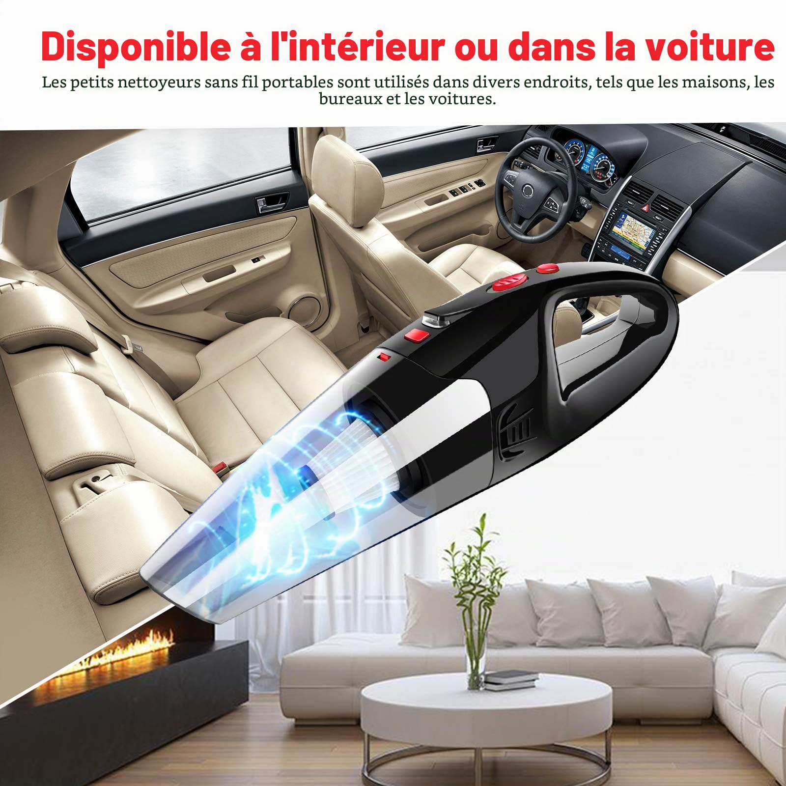 Aspirateur à Main sans Fil Rechargeable Aspirateur Puissant Portable 120W 8500Pa avec Filtre HEPA Lampe LED pour Maison Bureau Table Voiture Canapé