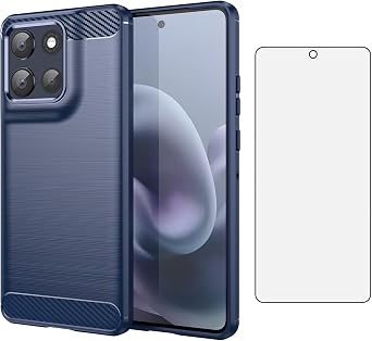 Asuwish Phone Case for Motorola Moto G86 5G with Tempered Glass Screen Protector Cover and Cell Accessories Slim Silicone Protective MotoG86 G 86 86G G100 Pro G5 2025 Women Men Carbon Fiber Navy Blue