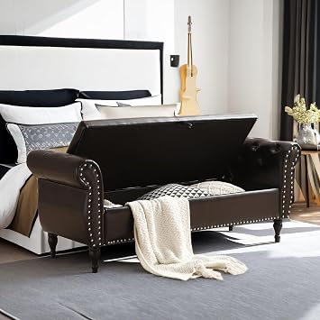 63" PU Storage Ottoman Bench with 1 Pillow, Modern Multifunctional Hallway Sofa Stool with Rolled Arm, Tufted Nailhead Trimmed Ottoman for Bedroom End of Bed Brown+PU