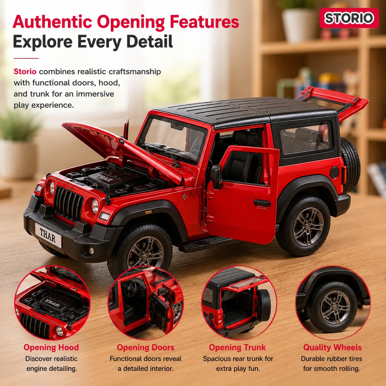 Storio Die Cast Metal SUV Car Model, 1:32 Scale, Light and Music, Pull Back Action, Boys Toy, Multicolors