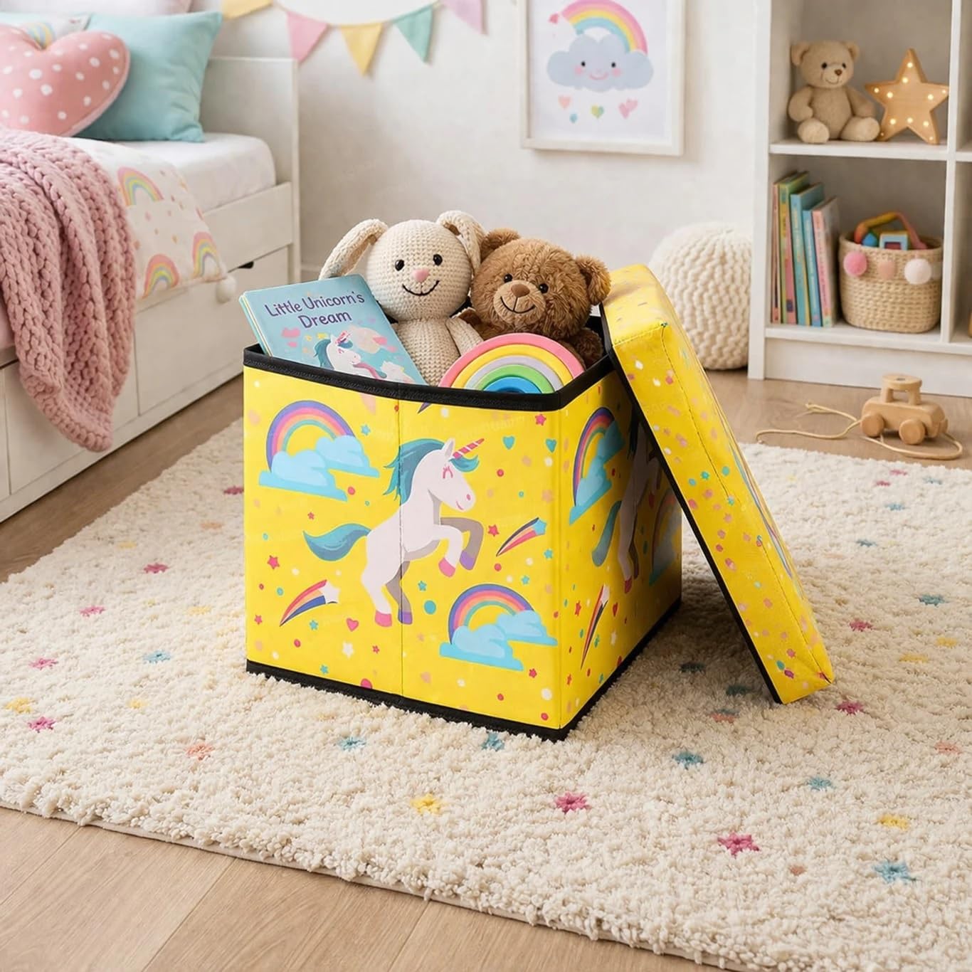 BuenoVida Foldable Storage Box - Multi-Functional Folding Storage Ottoman Box Organizer Cum Stool with Seat Cushion, Storage Boxes for Toys for Kids - Unicorn Yellow Print-image-14