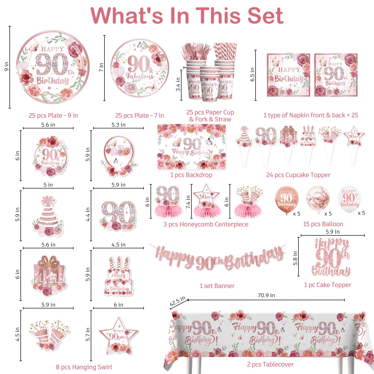 Juego de vajilla de 175 piezas de decoración de 90 cumpleaños para mujeres, decoraciones de 90 cumpleaños con juego de platos y servilletas de 90 cumpleaños, pancarta de oro rosa 90 para colgar,