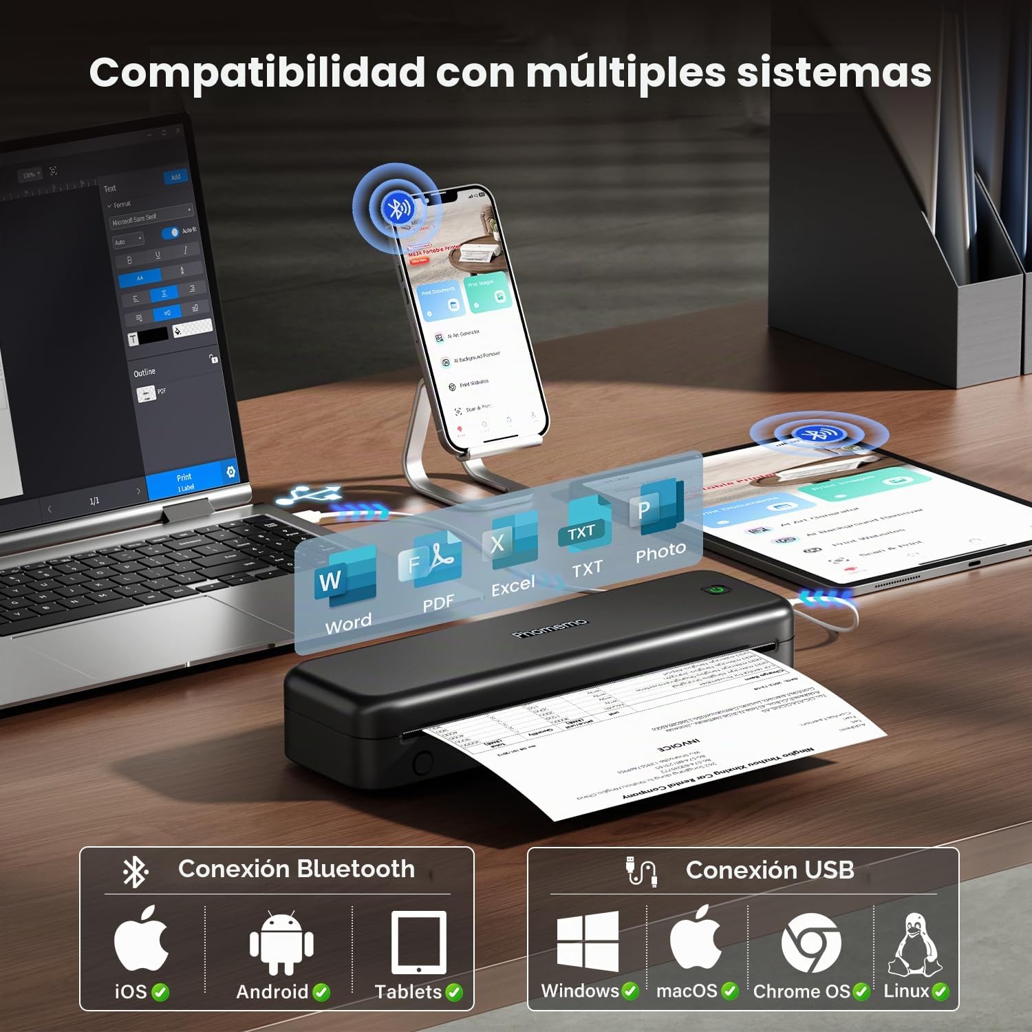 Phomemo M834 Impresora Termica A4, Impresora Portatil Inalambrica, Conexión de Smartphone por Bluetooth, Admite Papel Térmico A4, con Maletín de Transporte y 4 Rollos de Papel Térmico, Negro