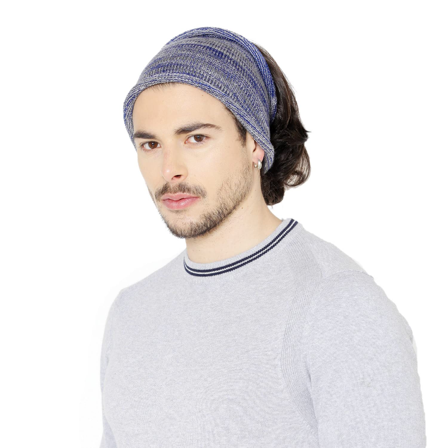 BHARATASYASelf Pattern Winter Woolen Beanie Cap for Men (Bluemix)