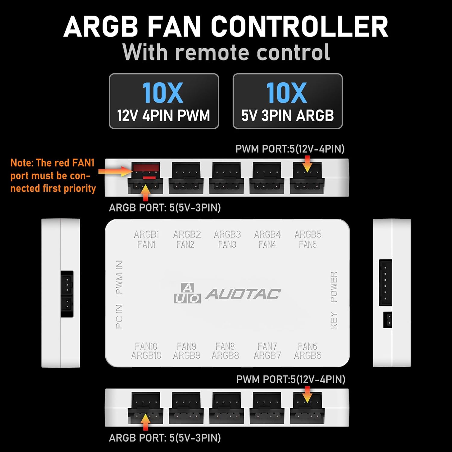 ARGB Controller PWM Fan Hub with RF Remote, (Connect Ten Case Fans, 5V 3Pin ARGB & 12V 4Pin PWM Fan Connector, Dual SATA Power Input, Magnetic Suction), White