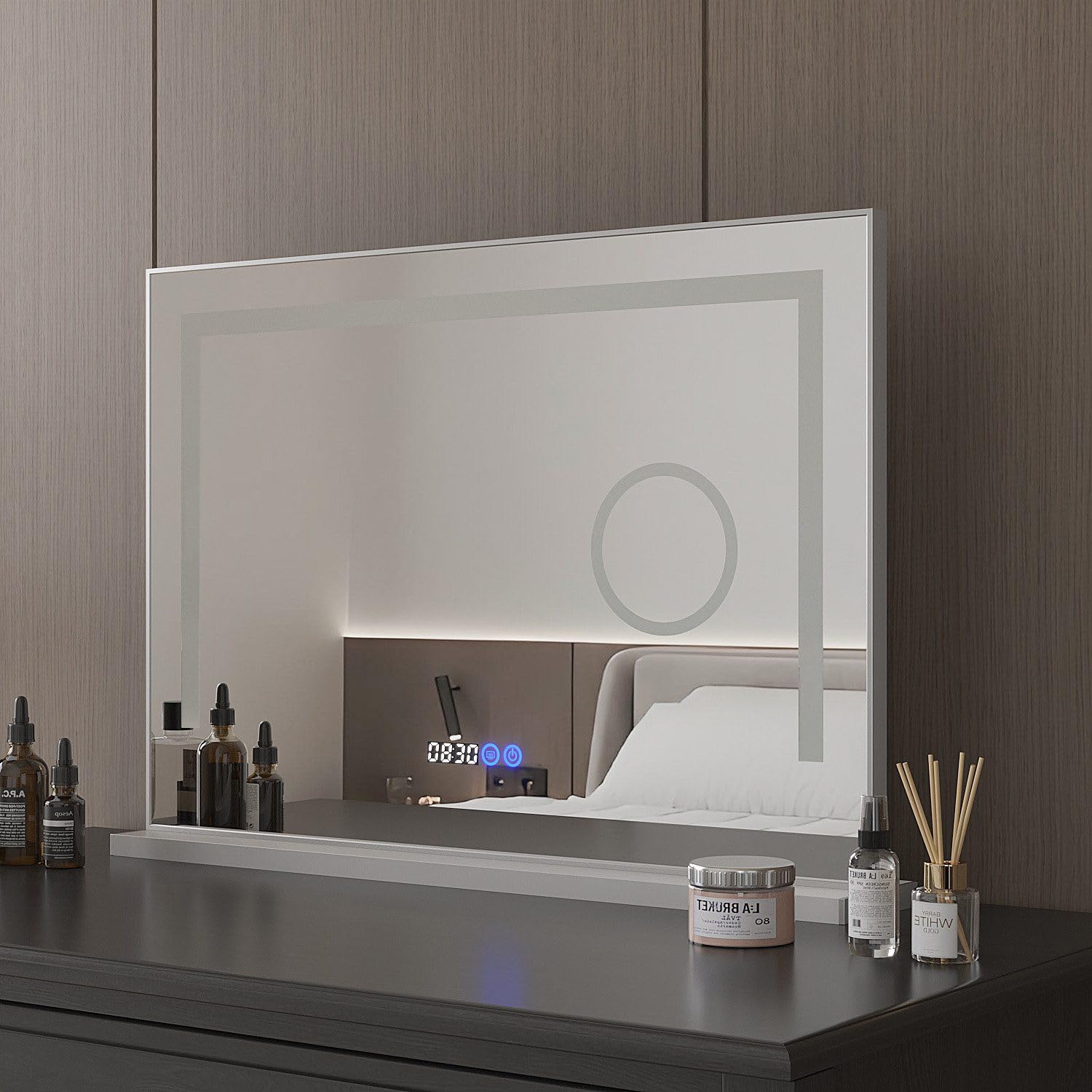 Hollywood Spiegel 70x50cm Schminkspiegel Kosmetikspiegel Kosmetikspiegel beleuchtet mit Led Beleuchtung Vergrößerung Licht,Digital Uhr,dimmbar,3 Lichtfarben,3xVergrößerung,Touch Schalter,Alurahmen