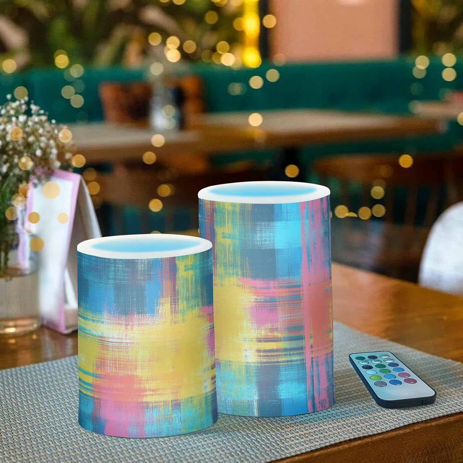 Tie Dye Plaid Abstract Multicolor Decorative Flickering Votive Candles with Timer Electronic Lights Remote Control with timers for Funeral Outdoor Battery Operated