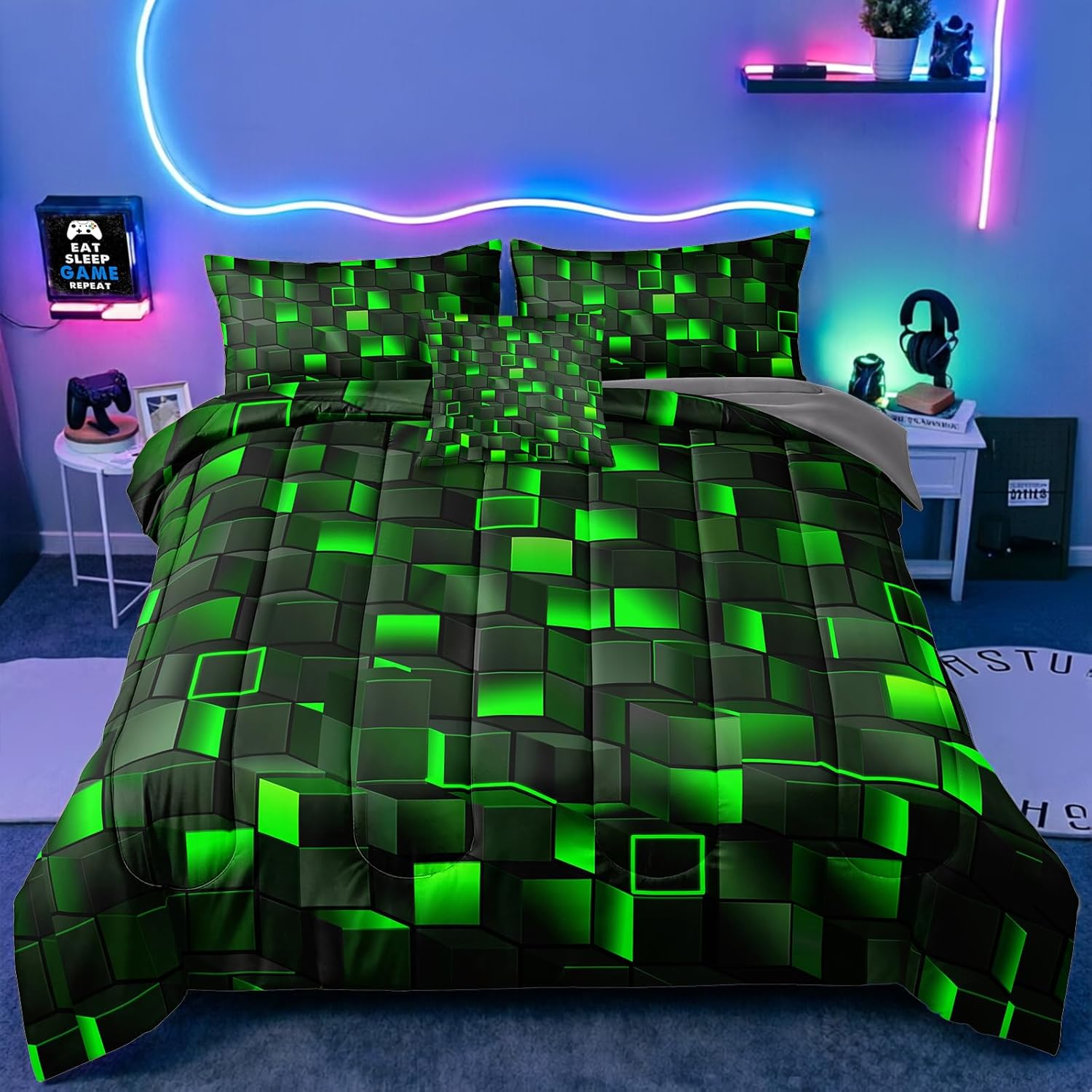 5 Pieces Gaming Bedding Set Twin Size for Boys Gamer Comforter Set for Boys Girls Kids Teens 5 Piece Bed in A Bag Video Game Bedding for Gamer Room Decorative Twin50