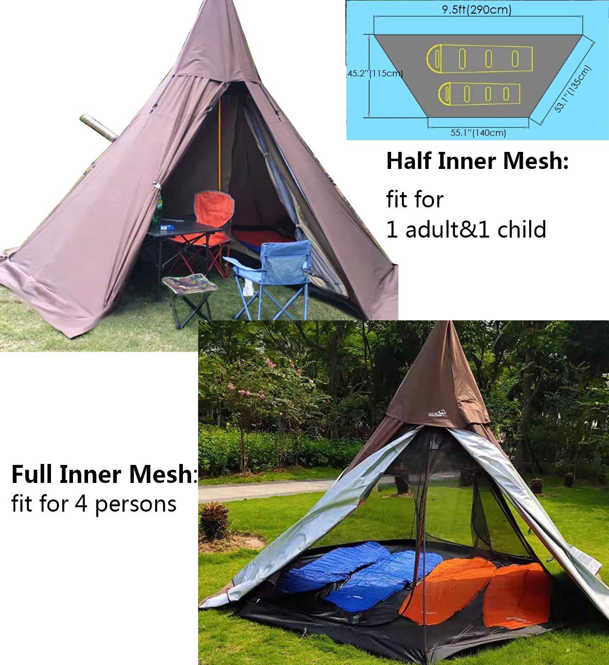 Tenda Tipi Gengis 320 da Campeggio 2 persone Piramide Tepee Leggera Tenda Tipi Gengis 320 da Campeggio 2 persone Piramide Tepee Leggera