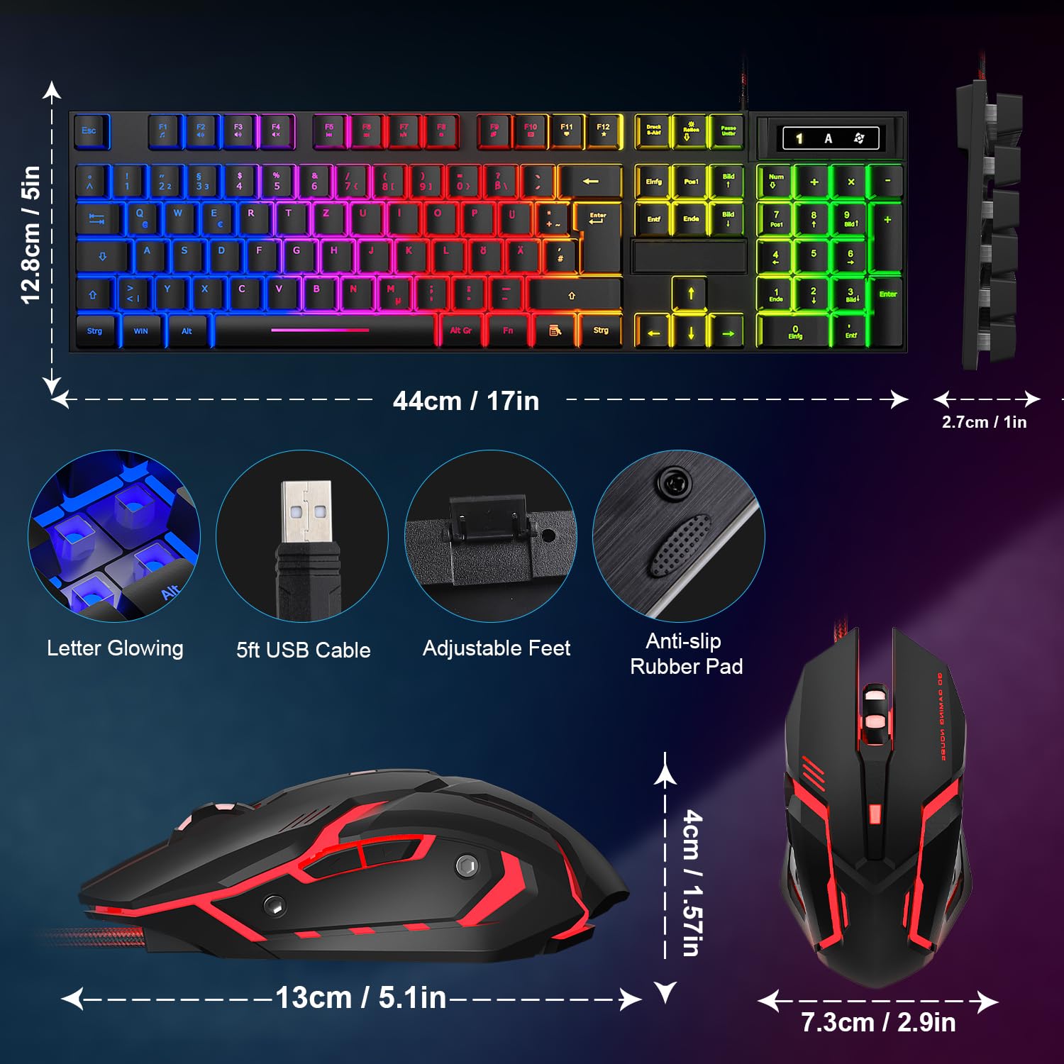 Gaming Tastatur und Maus Set, QWERTZ DE Layout, RGB Hintergrundbeleuchtete Kabelgebundene Tastatur, Ergonomische 4 Farbige LED Gaming Maus, Großes Mauspad, USB Plug & Play für PC PS4 Xbox