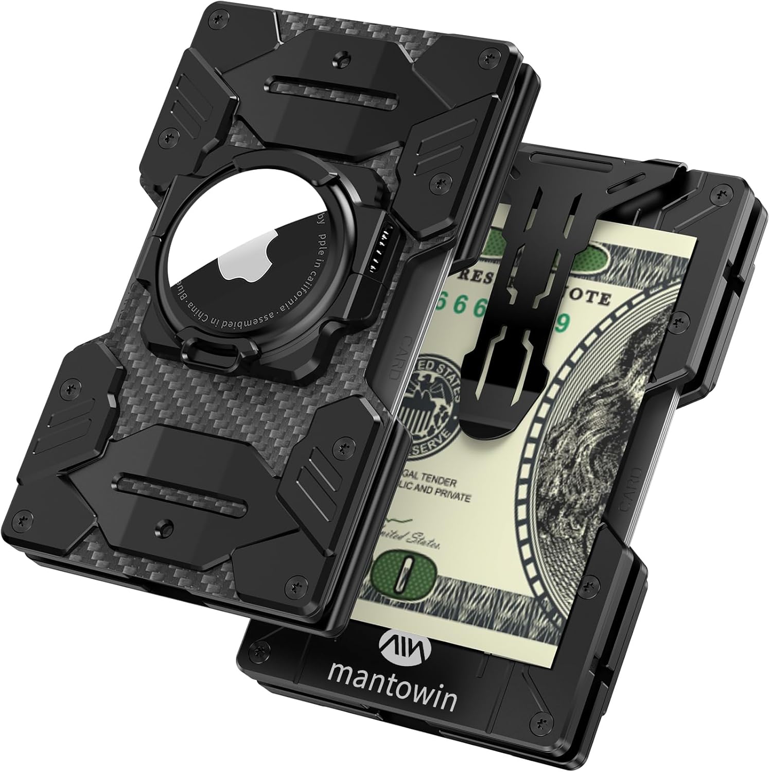 Minimalist Wallet for Men with Airtag Holder - Mech Design, Carbon Fiber and Aluminum, RFID Blocking, Credit Card Holder, Compact Wallet with Money Clip(Black)